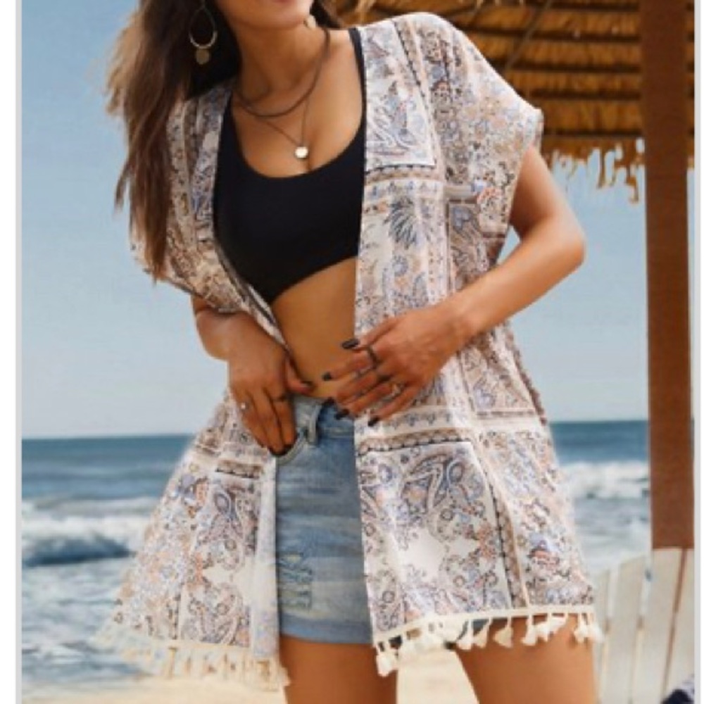Dusty Pink and Light Blue Geometric Tie Front Kimono